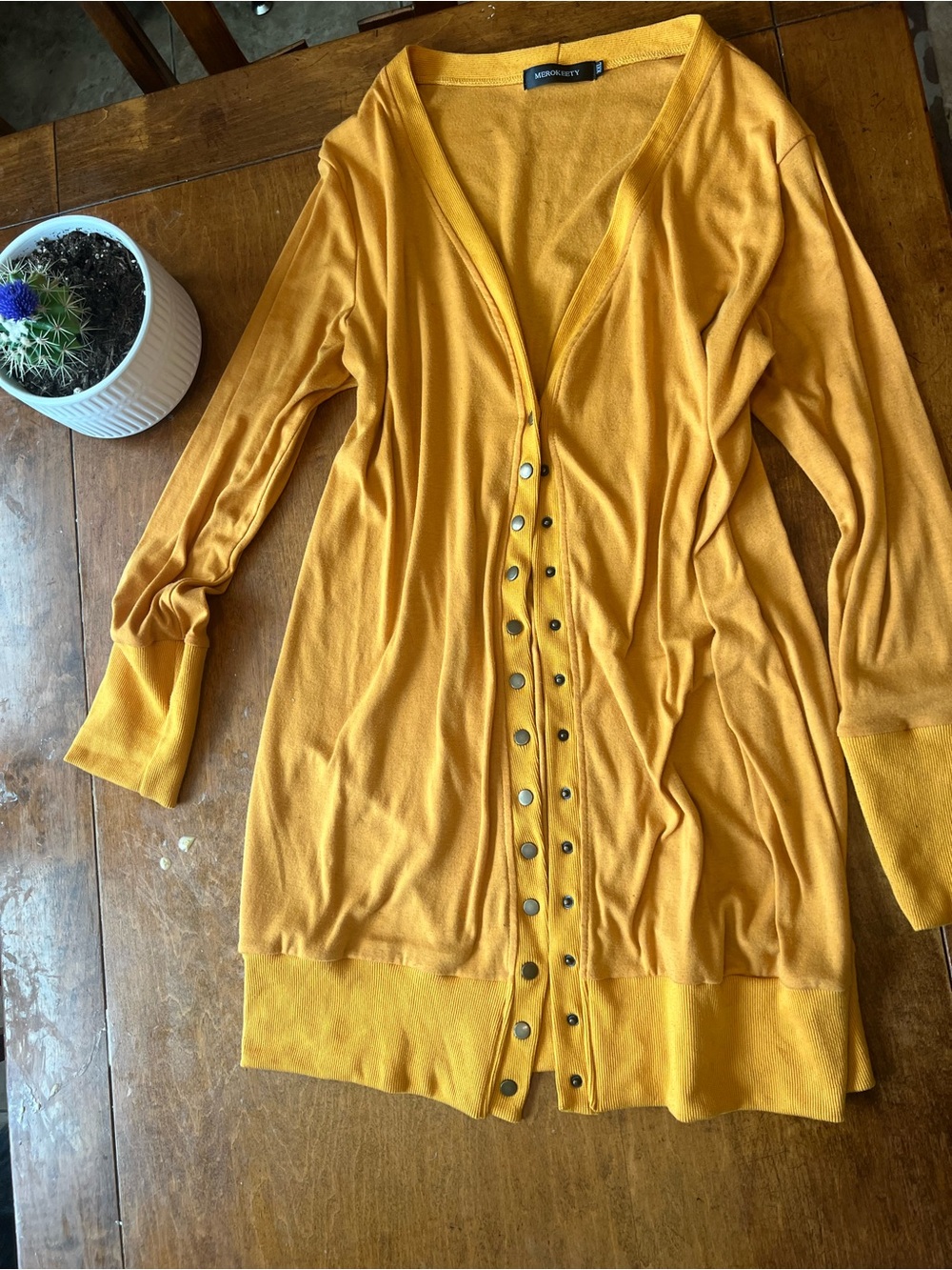 Merokeety Mustard Yellow Long Snap Front Cardigan Size XXL